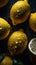 AI generated illustration of vibrant lemons in a dark setting, perfect for backgrounds