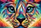 AI generated illustration of a vibrant lion's face against a colorful background