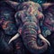 AI generated illustration of a vibrant majestic elephant with multicolored ornamental patterns