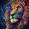 AI generated illustration of a vibrant majestic lion with multicolored ornamental patterns