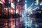 AI generated illustration of a vibrant night scene featuring a wet city street