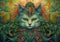 AI generated illustration of a vibrant oil painting of a feline in a lush, flowery forest landscape