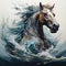 AI generated illustration of a vibrant oil painting of a horse galloping through waves