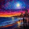 AI generated illustration of a vibrant oil painting of people enjoying an evening walk on a beach