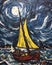 AI generated illustration of a vibrant oil painting of a sailboat in a turbulent sea