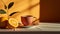 AI generated illustration of a vibrant orange atop a table alongside a cup