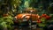 AI generated illustration of a vibrant orange car parked in a serene wooded area
