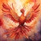 AI-generated illustration of a vibrant orange phoenix soaring through the sky with bright red wings