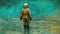 AI generated illustration of a vibrant painting of an astronaut standing in a serene body of water