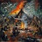 AI generated illustration of a vibrant painting of figures gathered around a blazing fire