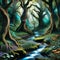 AI generated illustration of a vibrant painting of a lush, green forest with cascading waterfalls