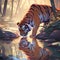 AI generated illustration of a vibrant painting of a majestic tiger drinking from a tranquil pond