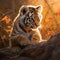 AI generated illustration of a vibrant painting of a tiger cub atop a large rock