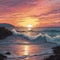 AI generated illustration of a vibrant painting of waves crash against cliff as sun sets