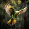 AI generated illustration of A vibrant Parakeet soaring with a blurry background