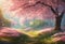 AI generated illustration of a vibrant park lined with pink blossoming trees