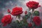 AI generated illustration of vibrant red roses in a rain-drenched field
