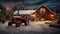 AI generated illustration of a vibrant red tractor parked in a picturesque rural farm setting