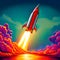 AI generated illustration of a vibrant rocket shooting against a backdrop of wispy clouds