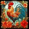 AI-generated illustration of a vibrant rooster on a stained glass backdrop