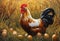 AI-generated illustration of a vibrant rooster standing proudly next to a cluster of eggs