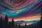 AI generated illustration of vibrant sky above majestic mountain, adorned with lush pine trees