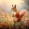 AI generated illustration of a vibrant small red squirrel perched on a grassy meadow