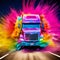 AI generated illustration of a vibrant truck driving through a smoke-filled road