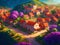 AI generated illustration of a vibrant village with red-roofed houses and blooming flowers