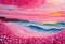 AI generated illustration of a vibrant wall painting of a beach with a crashing wave