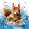 AI generated illustration of a vibrant watercolor painting of a small squirrel in waves