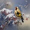 AI generated illustration of a vibrant yellow goldfinch perched atop a snow-covered bush