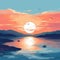 AI generated illustration of a view of a peaceful lake illuminated by the golden-orange sunset