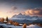 AI generated illustration of a village in mountains at sunset in winter