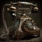 AI generated illustration of a vintage black rotary dial phone, old telephone with bronze ornaments