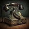 AI generated illustration of a vintage black rotary dial phone, old telephone with bronze ornaments