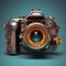 AI generated illustration of a vintage camera on a blue background. Concept of the photo camera of the future