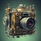 AI generated illustration of a vintage camera on a blue background. Concept of the photo camera of the future