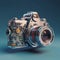 AI generated illustration of a vintage camera on a blue background. Concept of the photo camera of the future. Antique photo