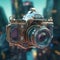 AI generated illustration of a vintage camera on a blur city background. Concept of the photo camera of the future