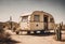 AI generated illustration of a vintage camper trailer parked in a scenic desert location