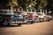 AI generated illustration of a vintage car show with a row of classic automobiles