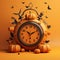 AI generated illustration of a vintage clock atop a stack of orange pumpkins