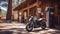 AI generated illustration of a vintage motorcycle parked in front of a rustic gas station building