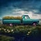 AI generated illustration of a vintage pickup truck parked in grassy meadow filled with wildflowers