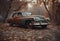 AI generated illustration of a vintage rustic car parked under the autumn trees