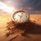 AI generated illustration of a vintage timepiece atop a golden sand dune in a desolate desert