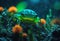AI generated illustration of a vivid green crab swimming in an underwater environment
