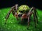 AI generated illustration of a vivid green spider perched atop a lush green leaf