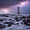 AI-generated illustration of a vivid lightning bolt illuminates the lighthouse and sea